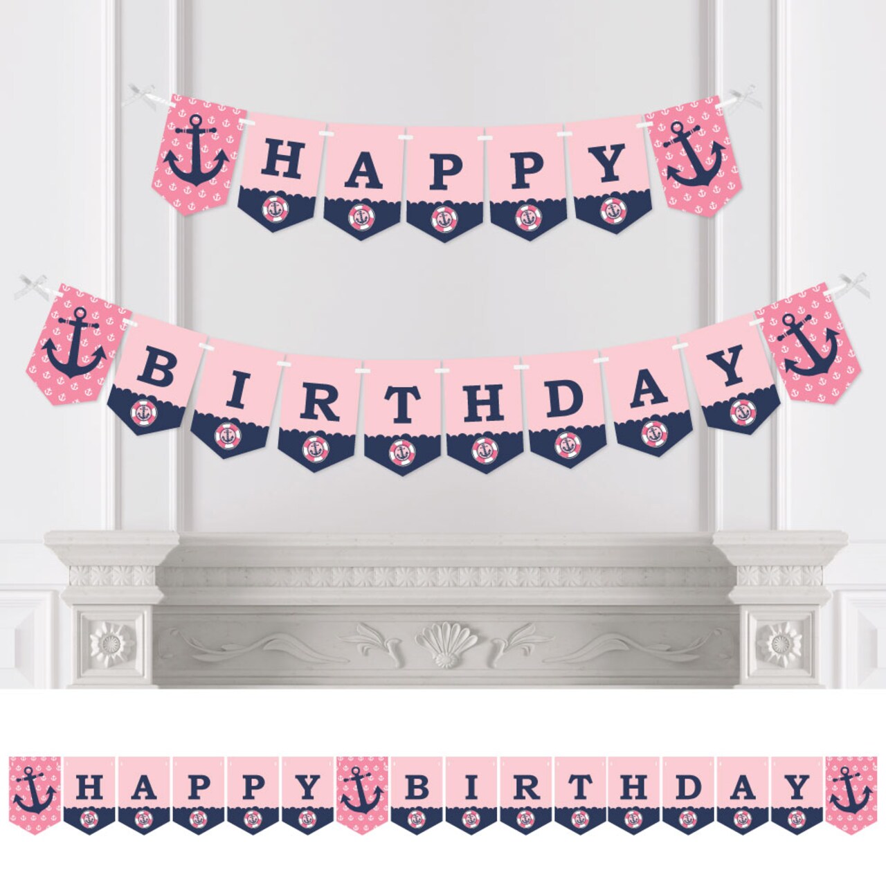 Big Dot of Happiness Ahoy - Nautical Girl - Birthday Party Bunting Banner -  Anchor Party Decorations - Happy Birthday